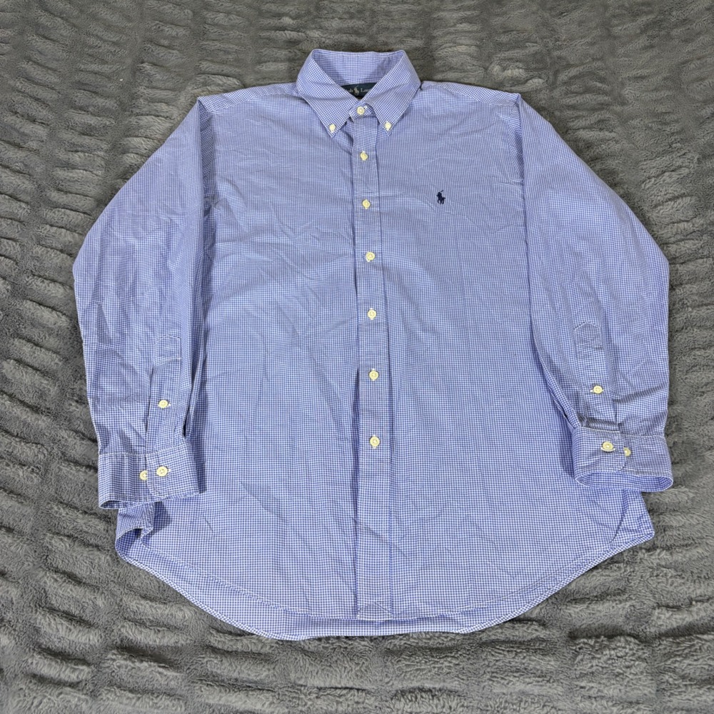Ralph Lauren Mens 16 32/33 Custom Fit Blue Gingham Button Down Shirt Pony Logo